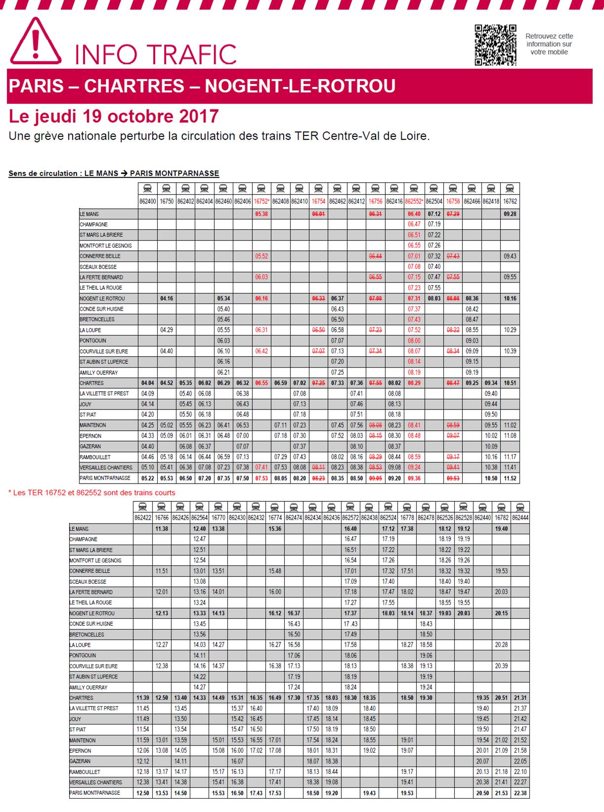 Horaire des TER - Grève du 19 octobre 2017